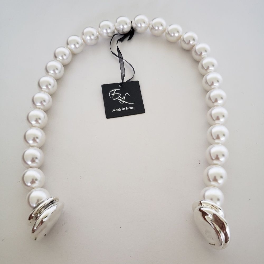 E&L Israel Sterling Silver Electroform Shell Pearl Beaded Necklace 18" - Picture 4 of 9